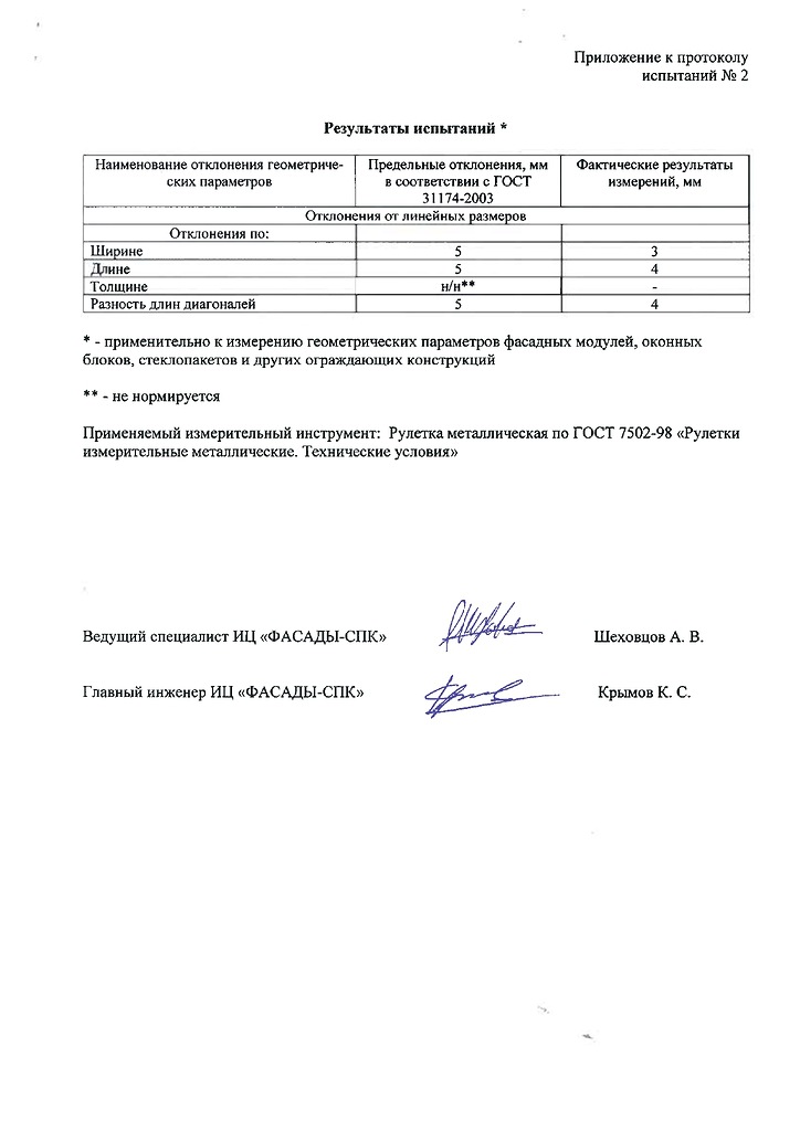 Приложение №2 к протоколу испытаний ворота секционные